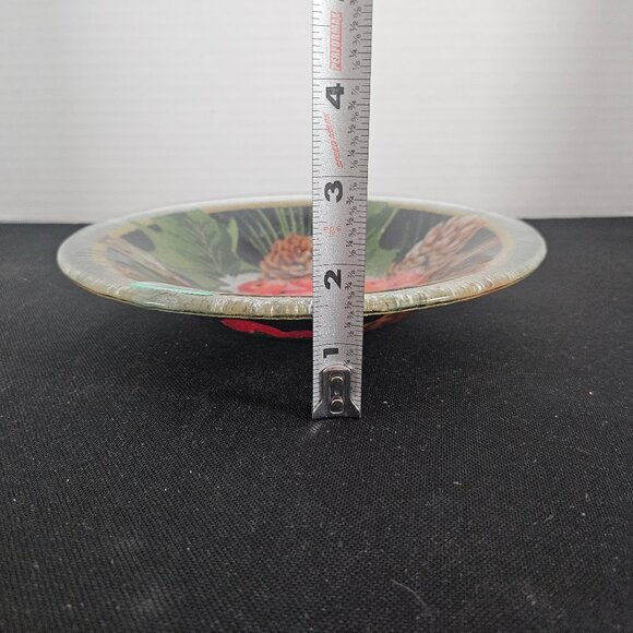 Peggy Karr Pine Cones & Holly Fused Art Glass Holiday Bowl With Signed Sticker - Picture 12 of 12
